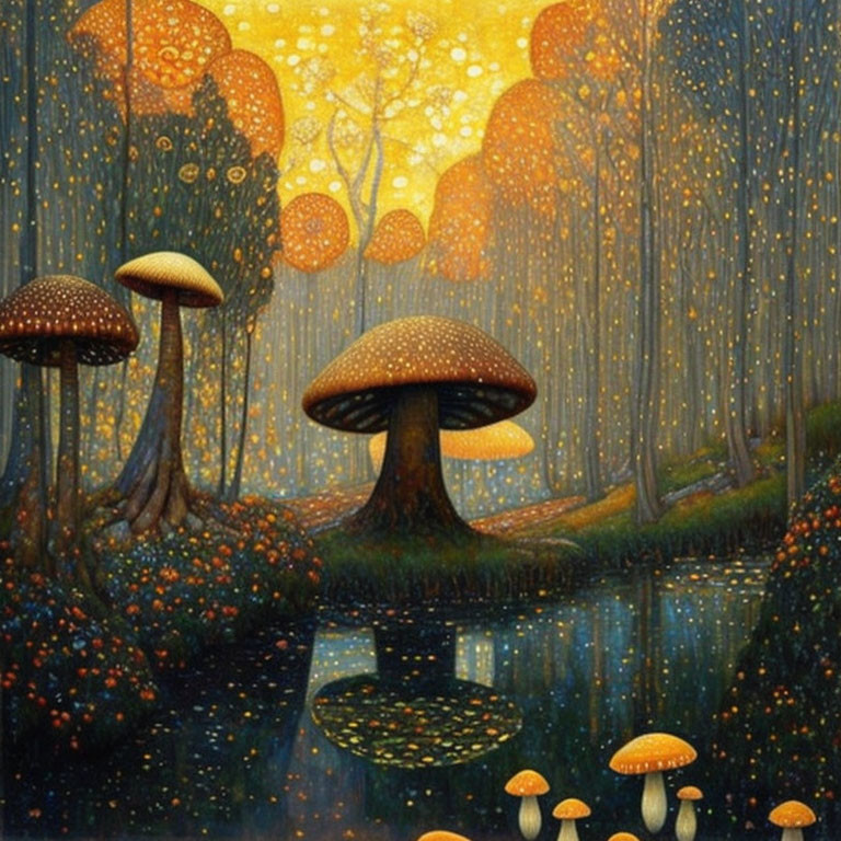 Enchanted forest with oversized glowing mushrooms by tranquil river