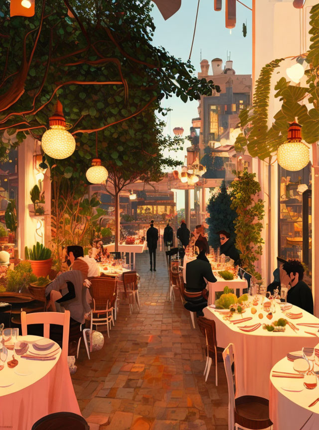 Outdoor dining area at dusk with hanging lights and lush greenery