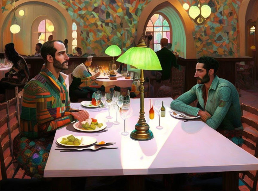 Two Men Dining in Stylish Suits at Elegant Restaurant with Mosaic Interior