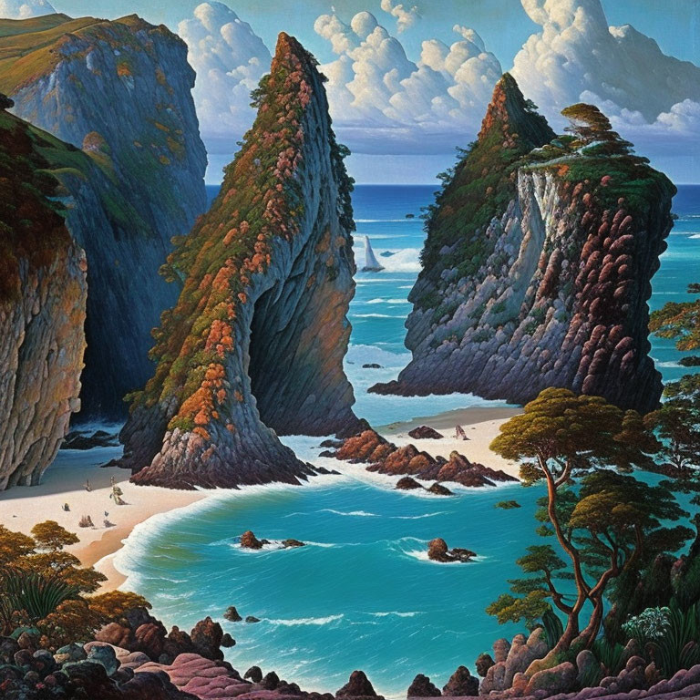 Tranquil coastal painting: towering cliffs, secluded cove, crystal blue sea, lush greenery