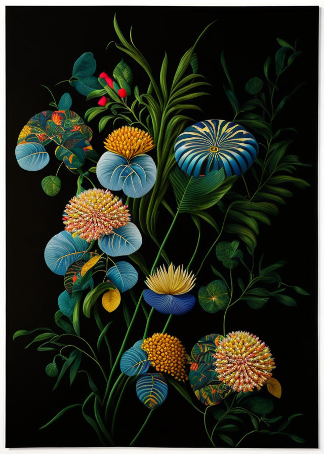 Colorful botanical illustration of exotic flowers and leaves on dark backdrop