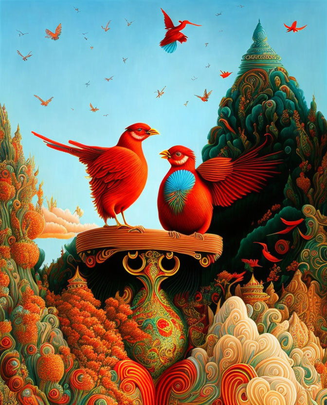 Colorful Cardinals Conversing on Ornate Pedestal