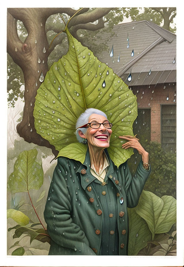 Elderly lady with glasses and silver hair smiling in rain with green leaf umbrella