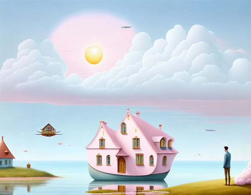 Surreal image of man looking at pink house on water under pastel sky