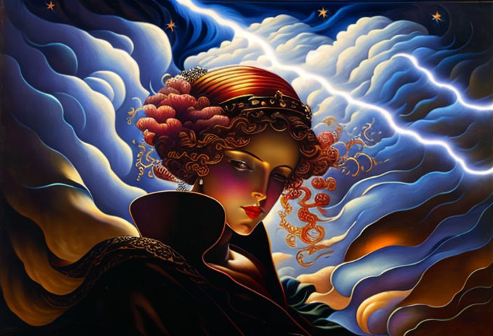 Stylized painting of woman with red curls in dark cloak