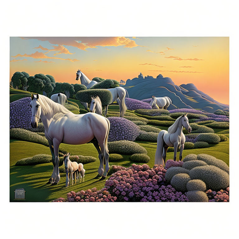 Surreal landscape with green hills, purple flora, and white horses at dawn or dusk