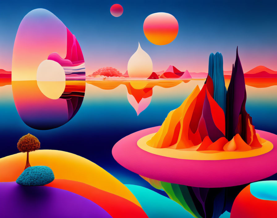 Colorful Surrealist Landscape with Floating Orbs and Abstract Mountains