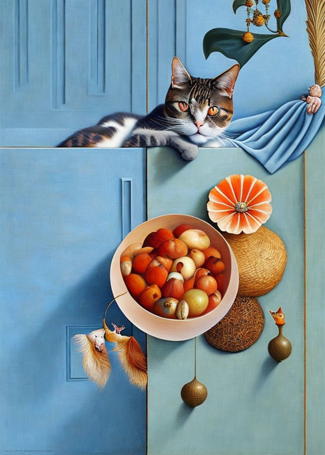 Cat lounging near fruit bowl on blue cupboard with goldfish and fruit ornaments.