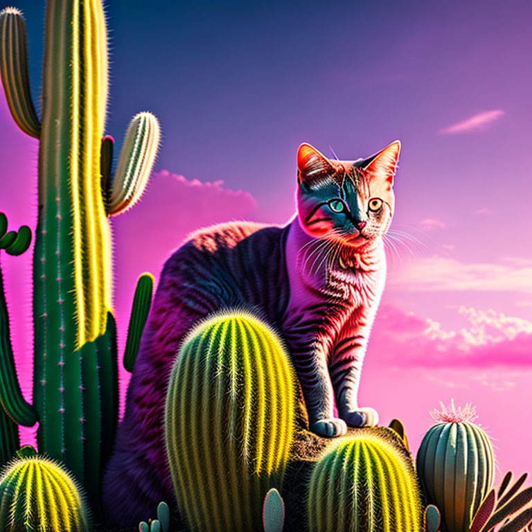 Cat on Rock Surrounded by Cacti Under Purple Sky