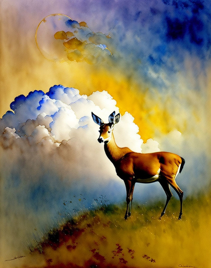 Vibrant blue and yellow deer painting with crescent moon