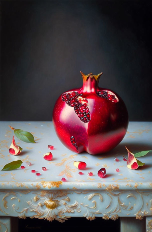 Realistic painting of cut pomegranate on decorative table with seeds and leaves