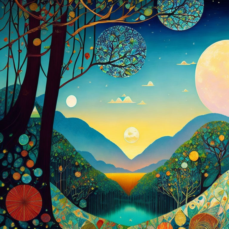 Colorful Stylized Landscape: Sunset over Mountains with Celestial Bodies