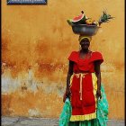 Colorful Dress and Feathers Hat Woman Painting in Desert Landscape