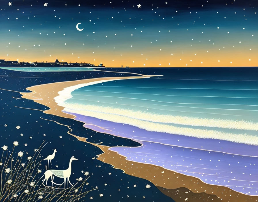 Tranquil night beach scene with stars, crescent moon, dog, and cityscape