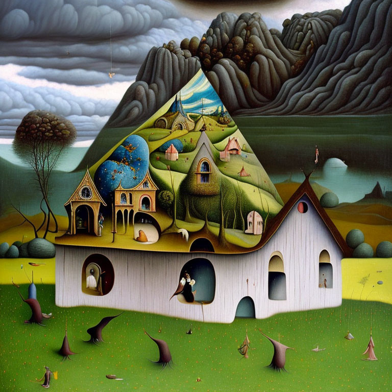 Surreal painting: house cut away, pastoral scenes, dark clouds, unique trees