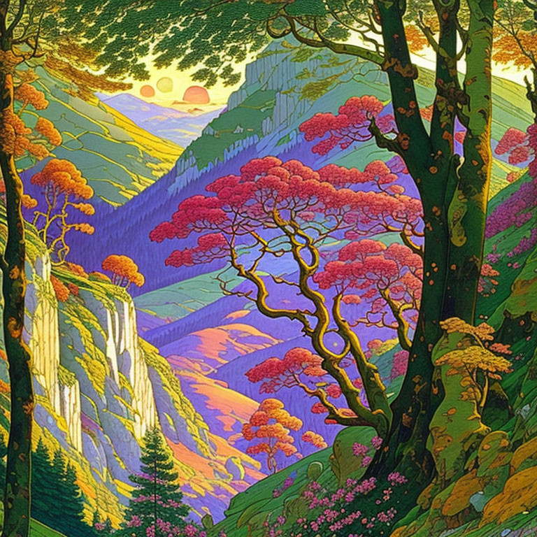 Colorful valley scene with pink trees, waterfall, and mountains at sunset