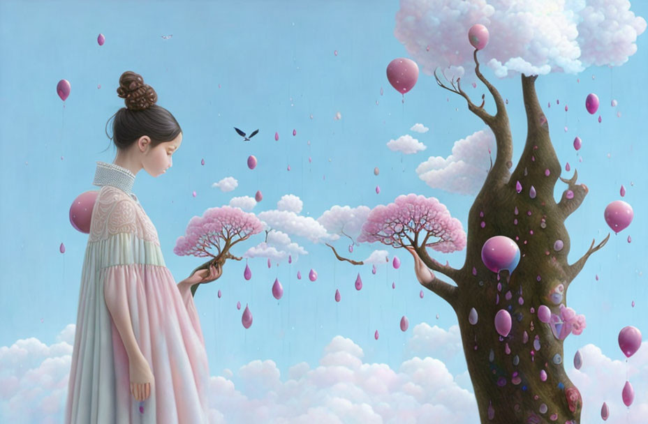 Surreal painting featuring woman in pink dress and tree with pink leaves and balloons under blue sky