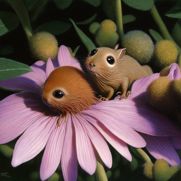 Stylized cartoon rodents on purple daisy with lush green foliage