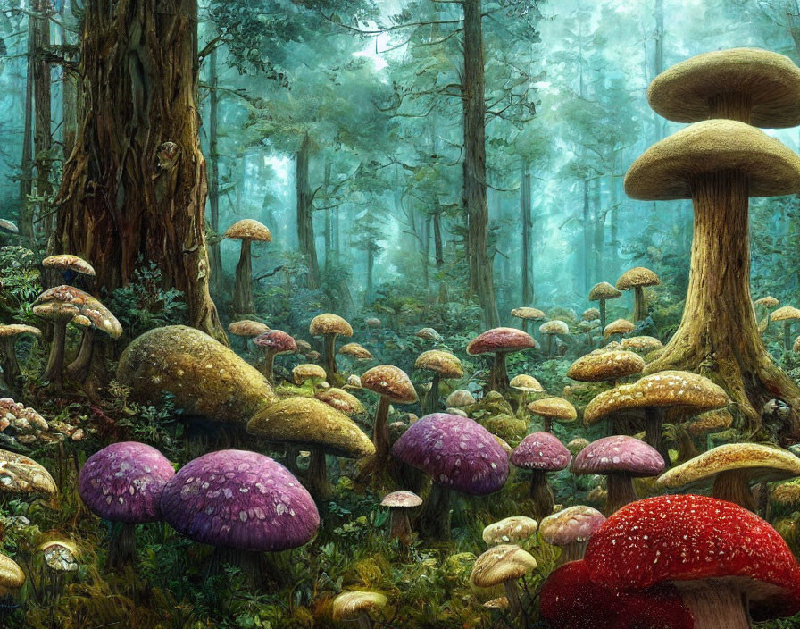 Colorful Oversized Mushrooms in Enchanted Forest Scene