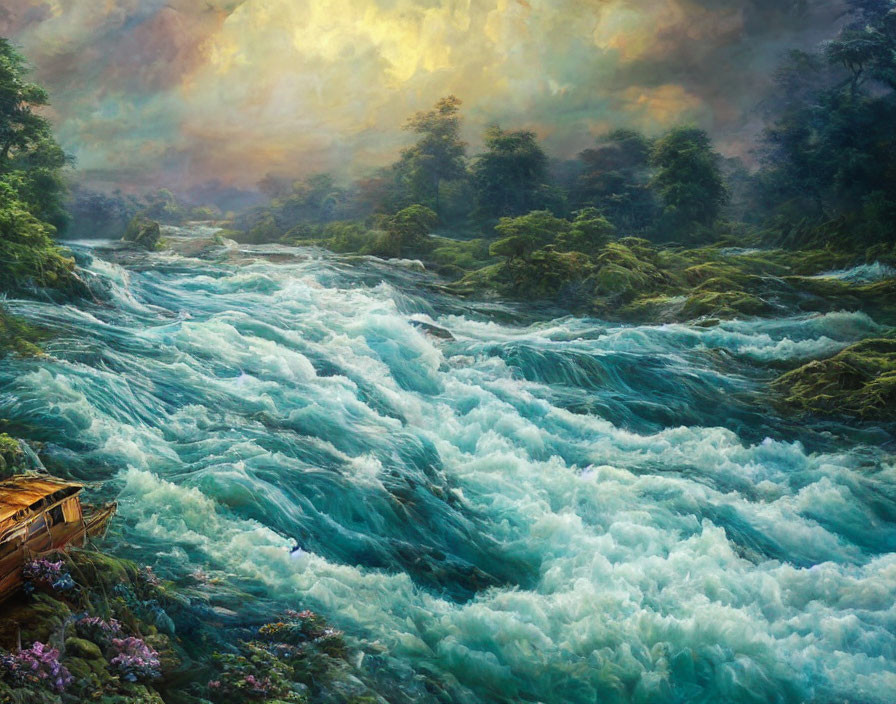 Vibrant painting of river rapids in lush forest