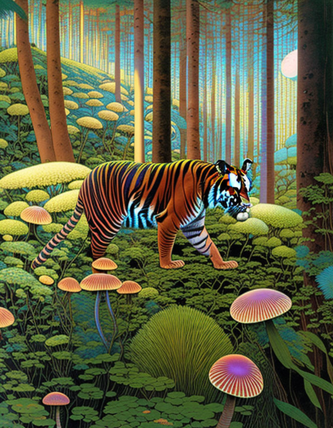 Colorful Tiger Roams Enchanted Forest with Giant Mushrooms