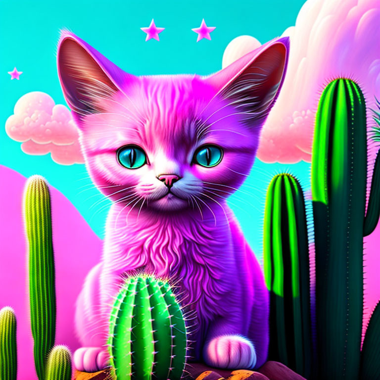 Colorful Illustration of Pink Kitten Surrounded by Cacti and Stars