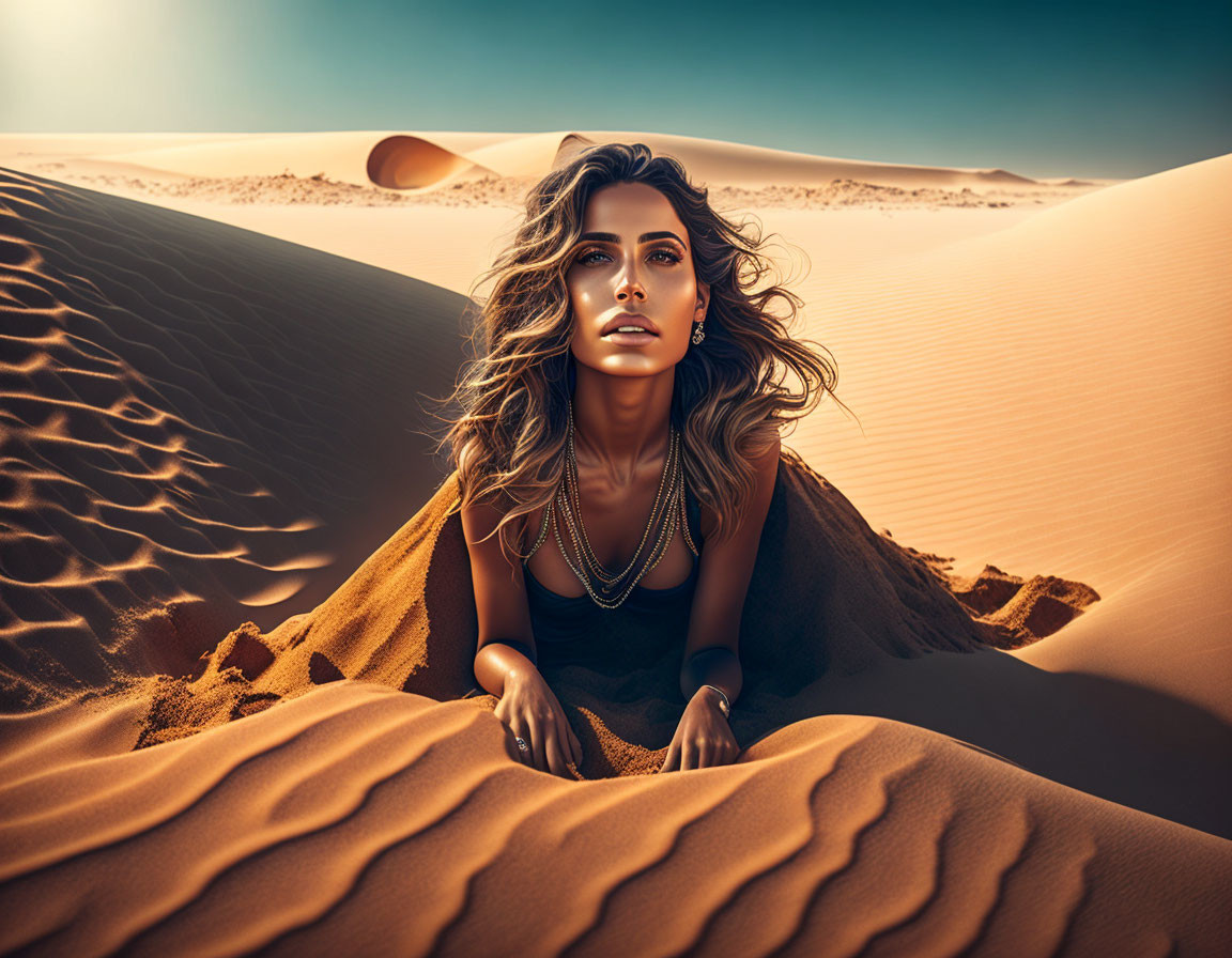 Woman with flowing hair and layered necklaces in desert landscape