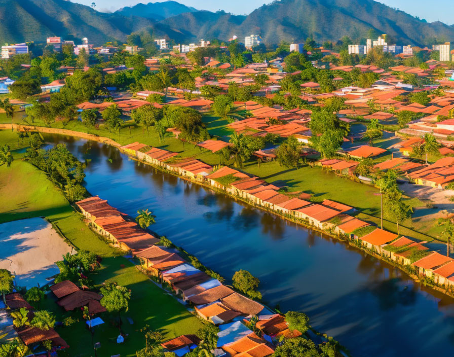 Tropical Landscape with River, Houses, Greenery, Mountains, and Blue Skies