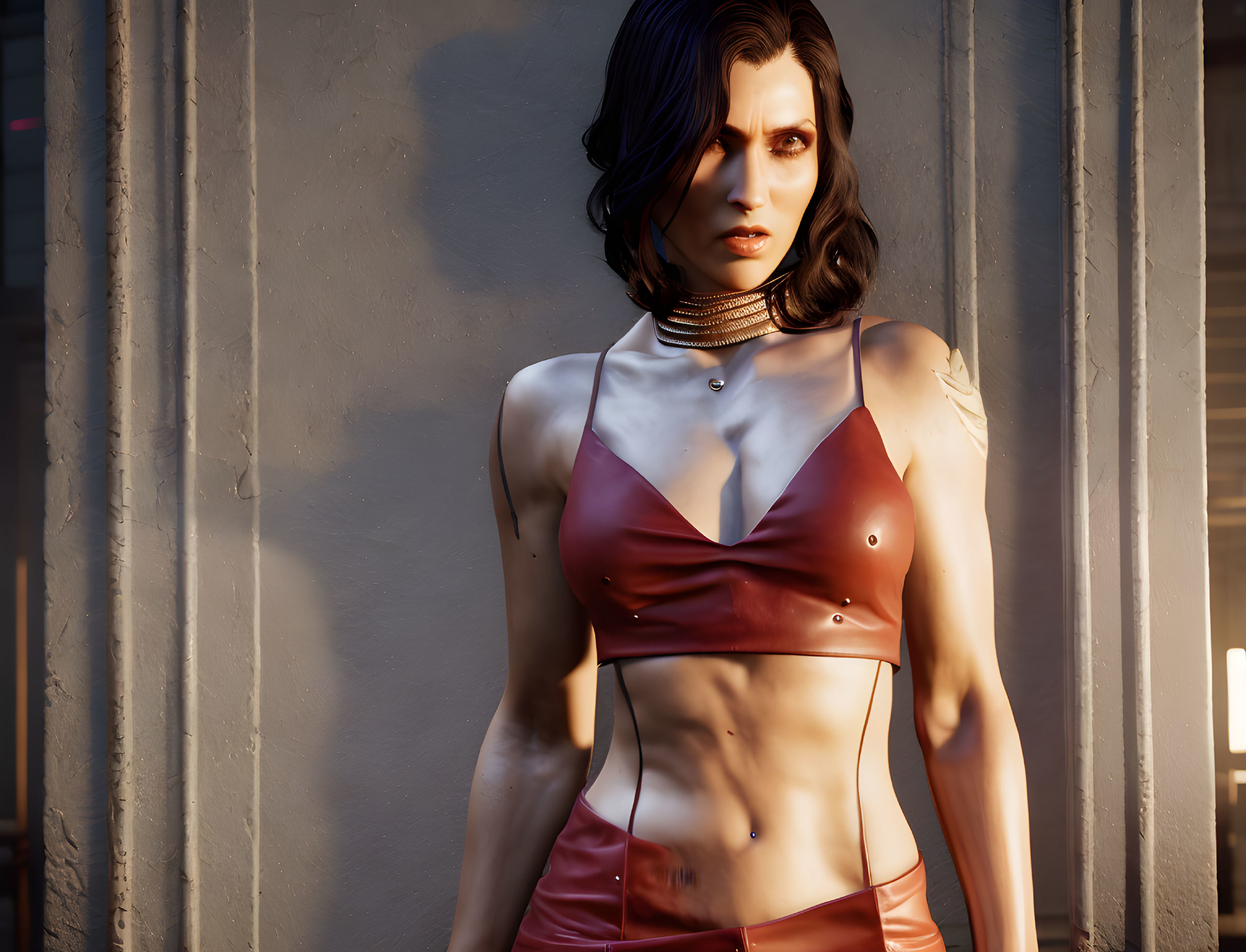 Digital artwork: Woman with dark hair in red halter neck top, orange bottoms, standing against warm