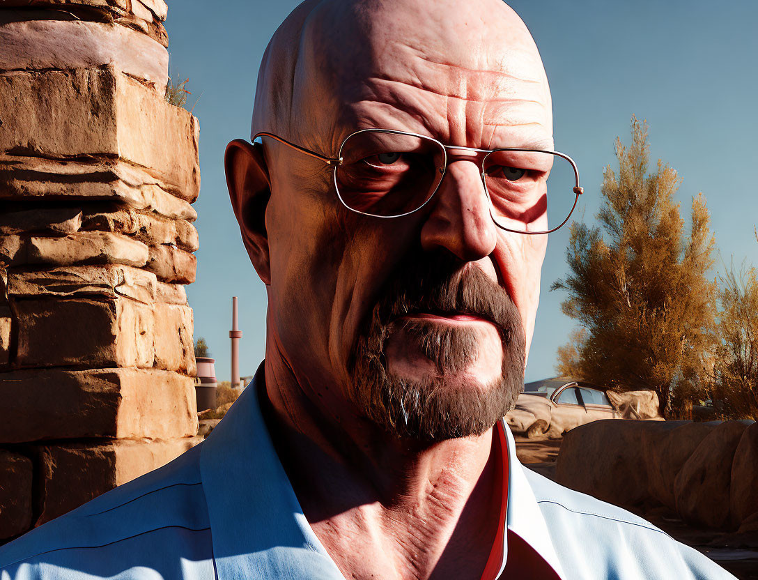 Bald man with goatee and glasses in desert landscape