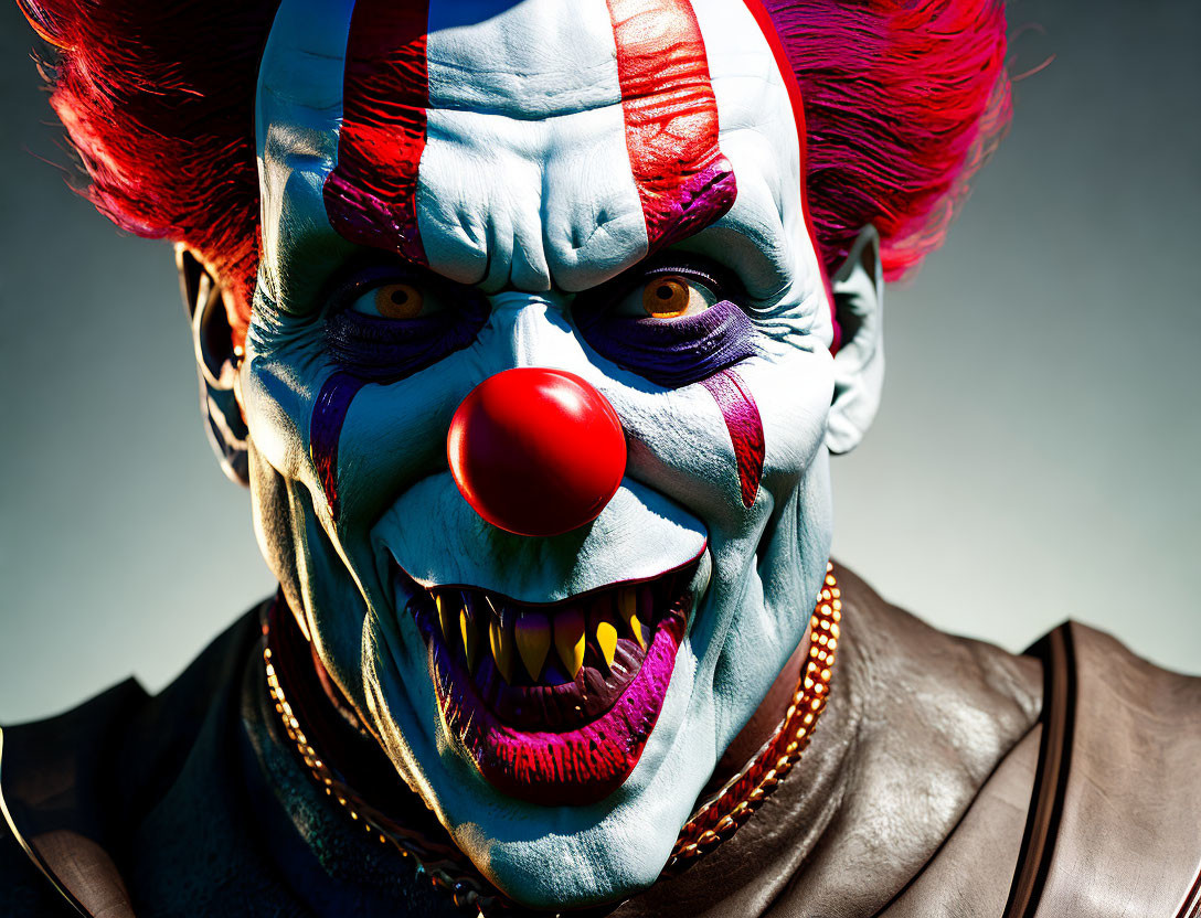 Detailed close-up of a clown with bold face paint and red hair on a cool background