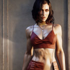 Digital artwork: Woman with dark hair in red halter neck top, orange bottoms, standing against warm