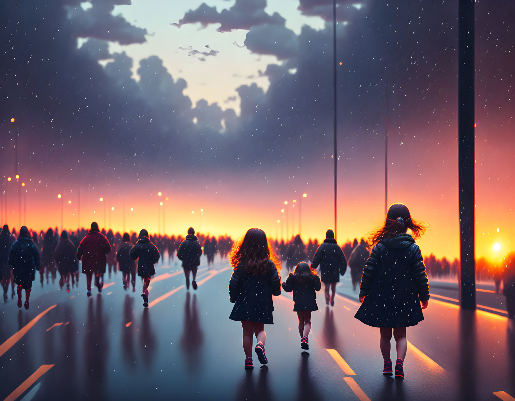 Silhouettes of people walking at sunset with children holding hands