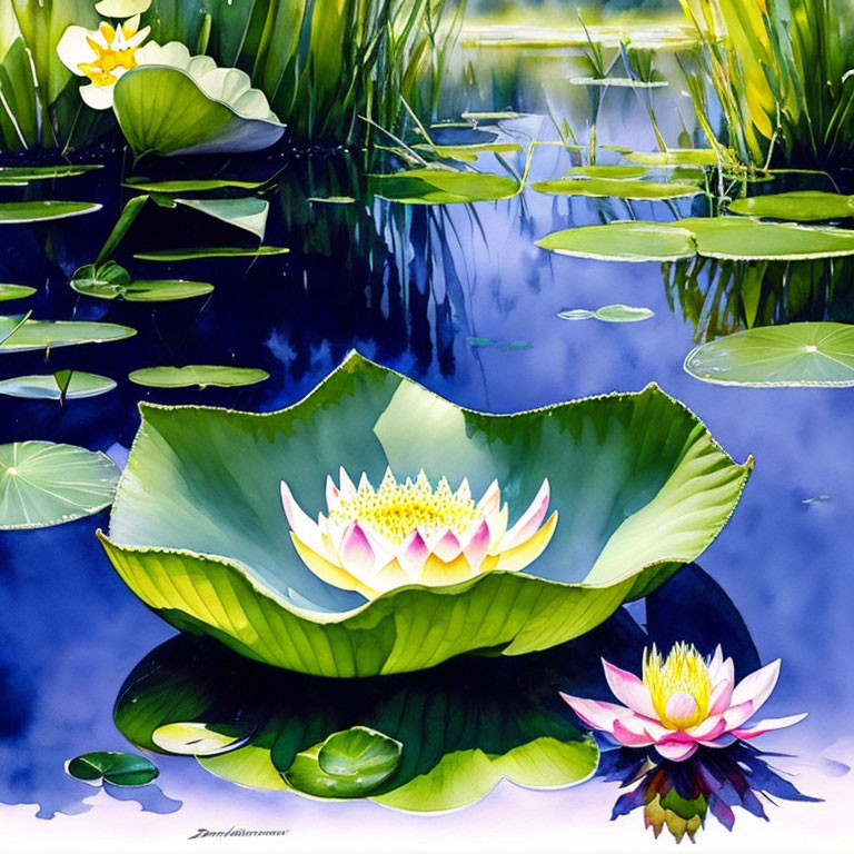 Vibrant watercolor painting of blooming lotus flowers in a lily pond