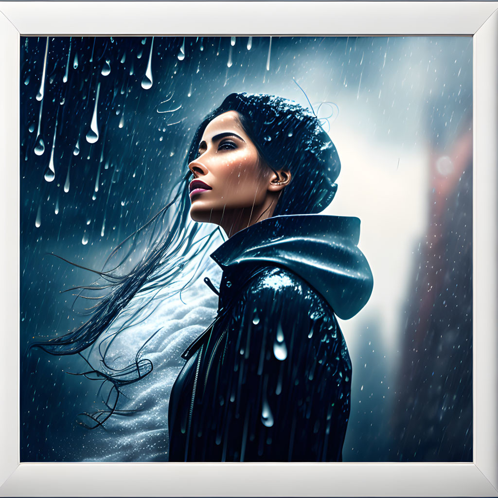 Woman with flowing dark hair gazes up in rain against blue backdrop