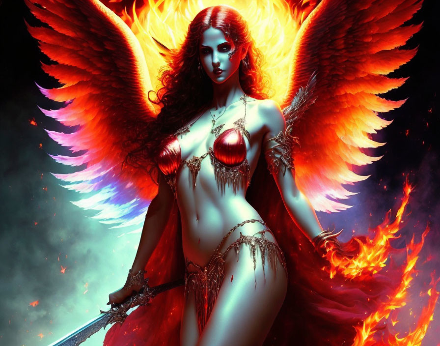 Fantasy Artwork: Female Figure with Fiery Wings and Sword in Dark, Flame-Engulf