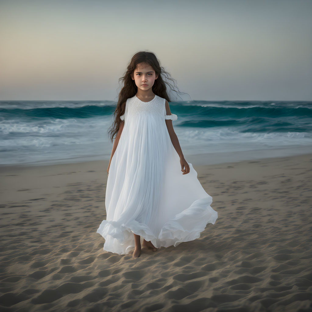 Young girl in white dress on sandy beach at twilight