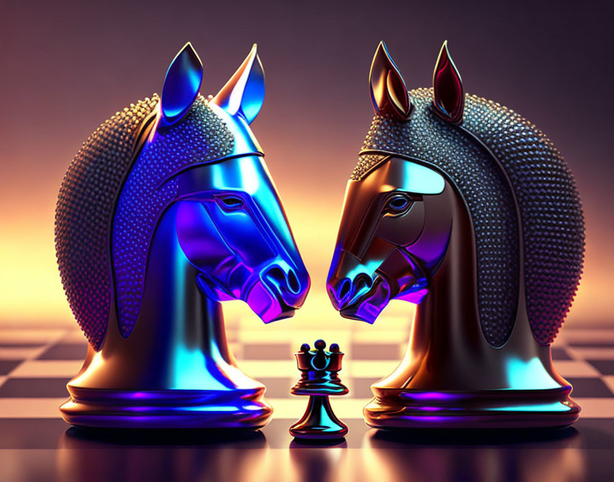 Shiny metallic knight chess pieces facing each other on checkered surface