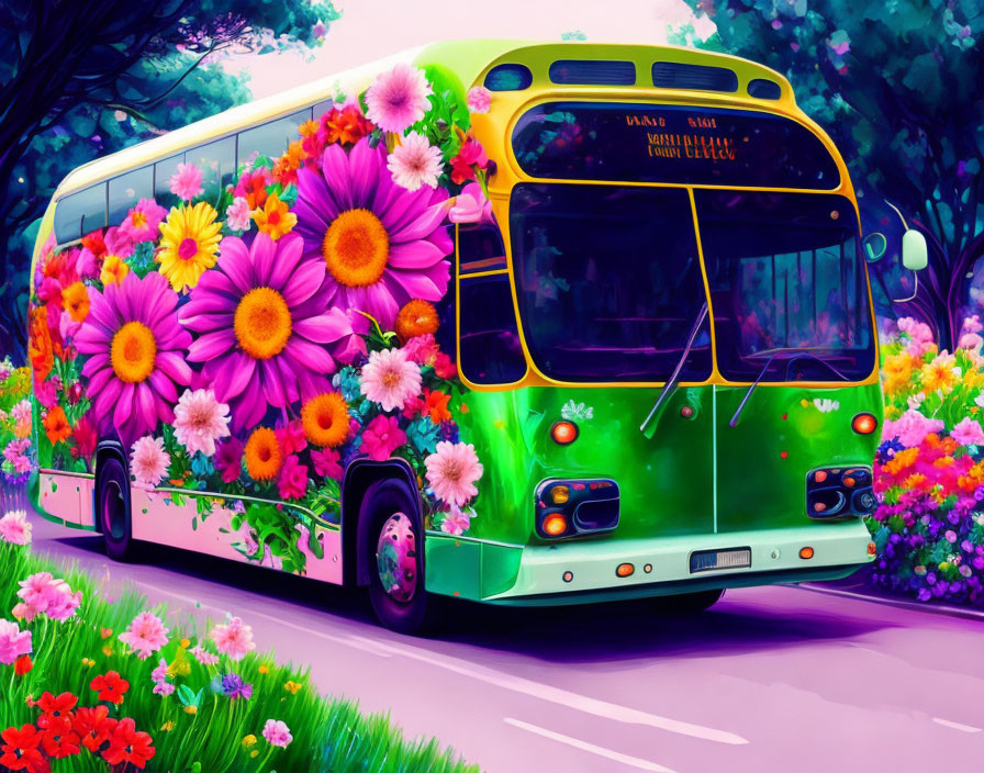 Colorful Flower-Adorned Bus on Lush Road