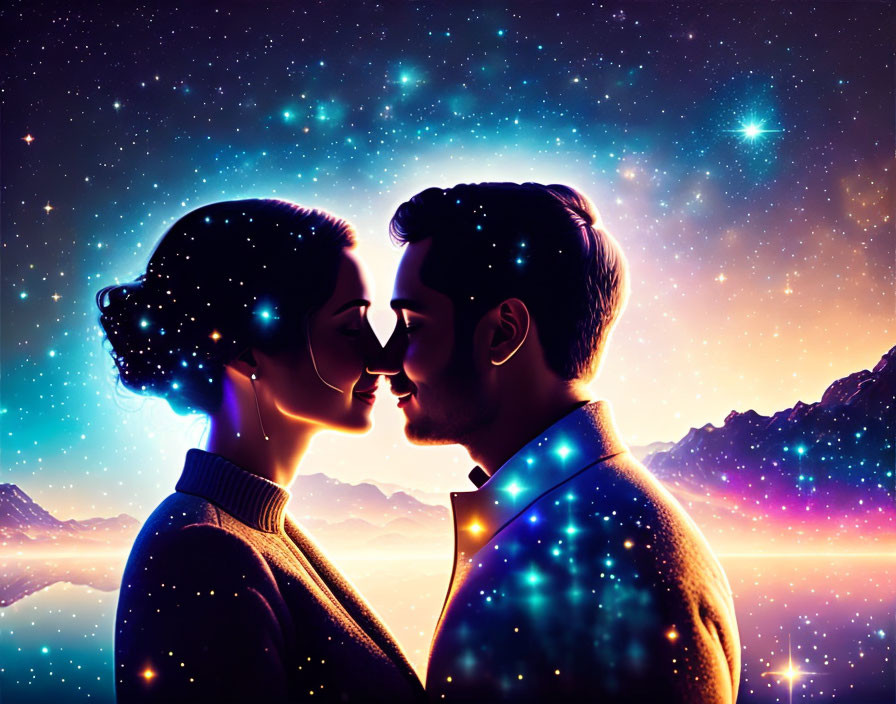 Silhouetted couple kissing under starry night sky with cosmic pattern.