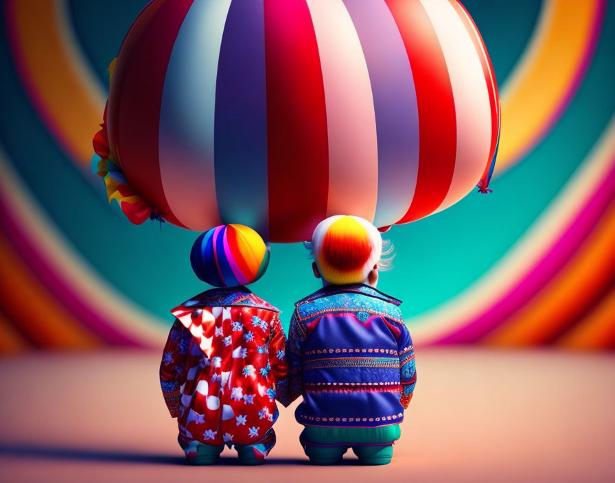 Patterned figures admire large hot-air balloon in colorful backdrop