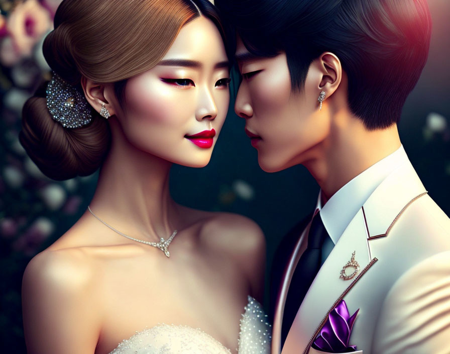 Elegant romantic couple in formal attire with serene expressions