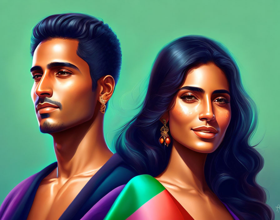 Vibrant illustration of stylish man and woman in colorful attire