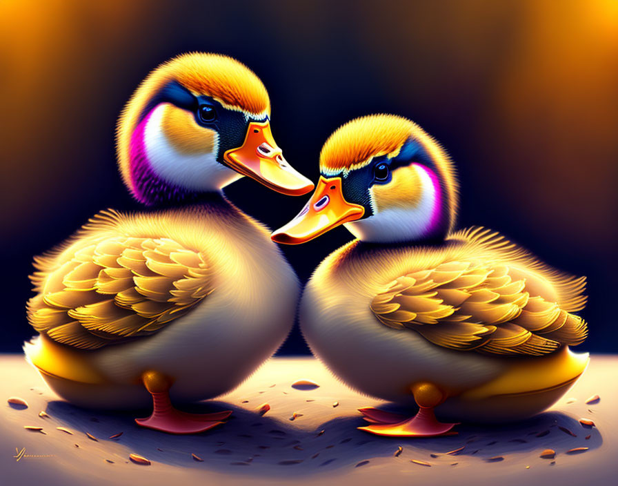 Vibrantly colored cartoon ducklings with detailed feathers under soft light