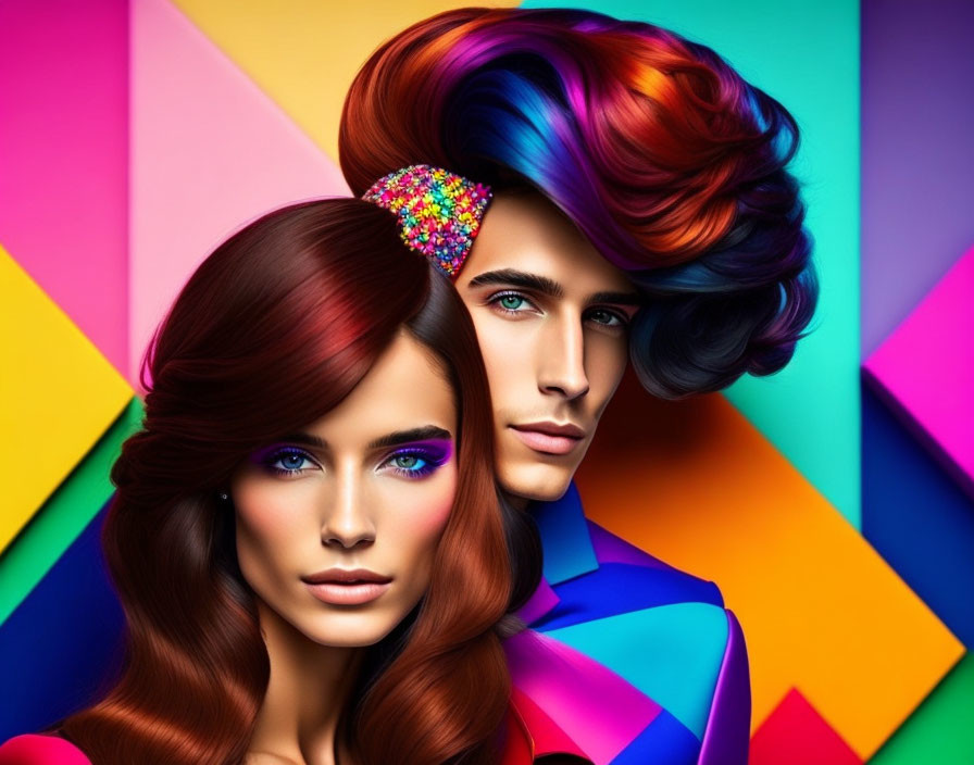 Vibrant hair and makeup on models against colorful geometric backdrop