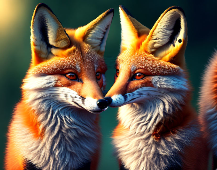 Detailed Foxes with Bright Eyes and Fur Close Together