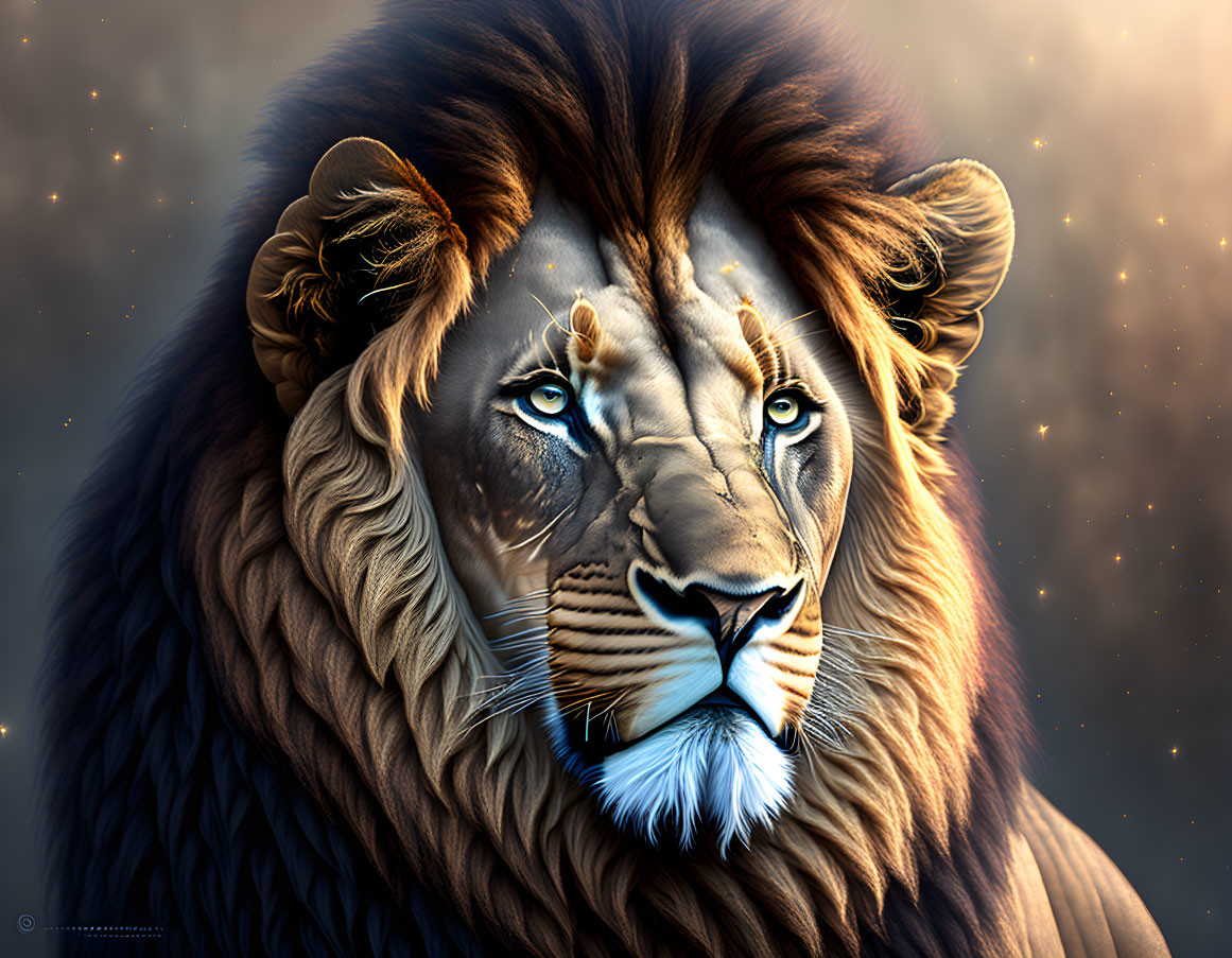 Majestic lion digital art with realistic and mystical look, blue eyes, starry background