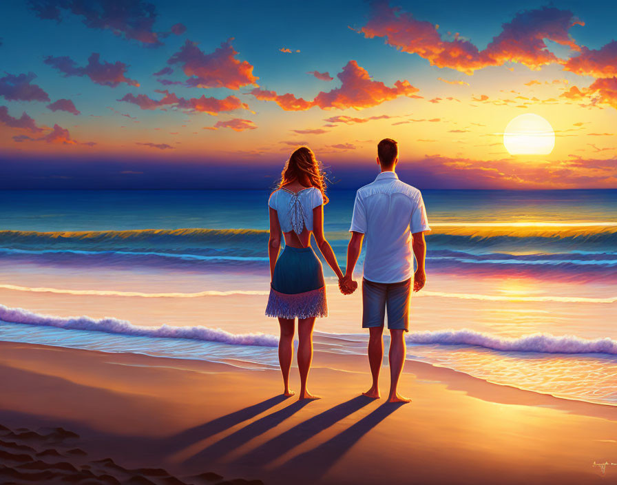 Couple Holding Hands Watching Vibrant Sunset Over Ocean