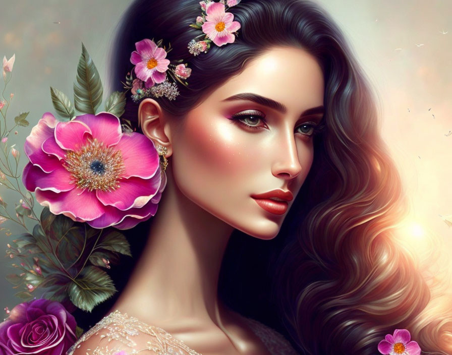 Illustration: Woman with Long Wavy Hair Adorned with Vibrant Flowers