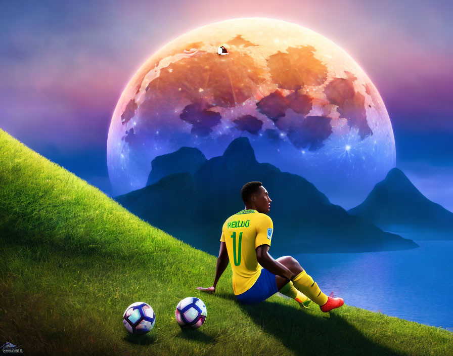 Person in Yellow Jersey on Grass Hill with Soccer Balls Gazing at Fantastical Planet